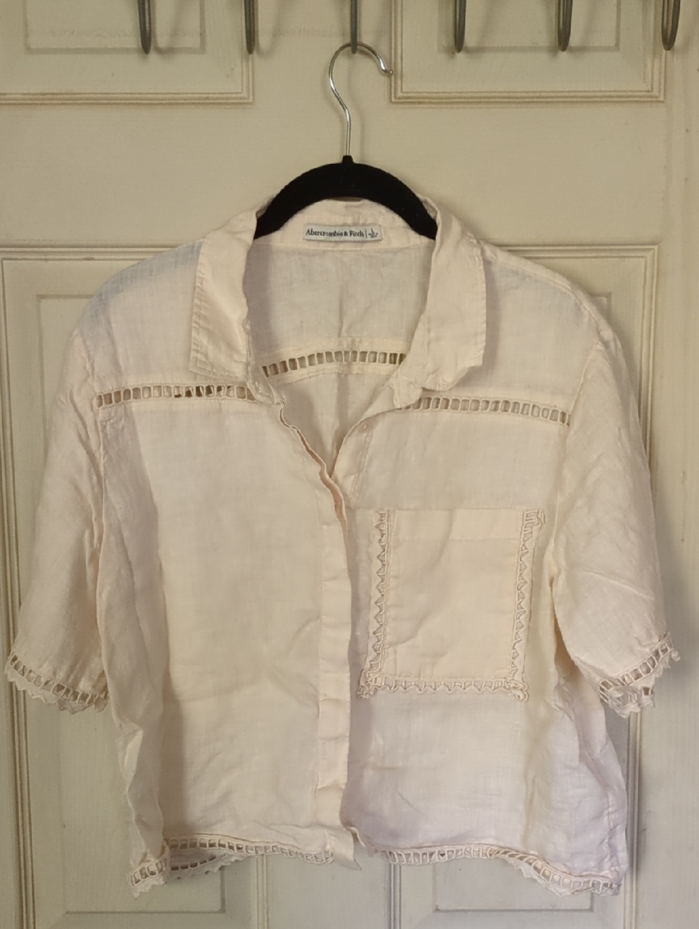 Abercrombie Fitch Large Linen Short Sleeve Hidden Button Down Shirt Light Tan
